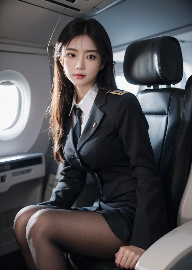 Diffuse lighting、 Highest quality, High resolution, unity 8k wallpaper、Supersaturation, Japanese、1 female、23age、(masterpiece), Highest quality, Highest quality, Detailed and complex, whole body, High resolution, (16age),Very detailed_eye, Sexy Breasts, (eyeliner:0.5),(blush:0.5), Detailed skin, Displaying the viewer, A light smile, Cabin attendant、Inside the plane、 ((Flight attendant uniform)), (Black Pantyhose:1.1), Black high heels, Black short skirt uniform, On the plane((Inside the plane:1.2, Motion Capture)), Back view, Perfect Anatomy, (Depth of written boundary:1.1),change:0.1,Realistic:1.3, (Zhou Haoguang:1),(Structure of the film:1.3), (Highest quality, High resolution, Realistic, original, 8k,masterpiece, ),Highest quality, masterpiece8k.High resolution. High Rib:1.2, Film Grain, Blurred Bokeh:1.2, Lens flare, (Bright colors:1.2), (delicate),