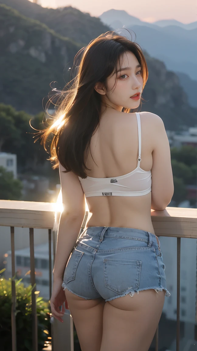 no, Ray Tracing, Radio City, Anisotropic filtration, 16,000, best quality, 1 woman, alone, mature,  beautiful mountain climber, Shorts, light singlet, Gradient long hair, laugh、sunset ,((big breasts)) valley