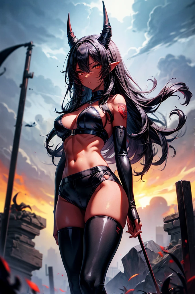 masterpiece, super detailed, high resolution, precision art, highly seductive anime girl. sexy and alluring, flawless dark red demonic skin, succubus, symmetrical face, beautiful olive eyes, flowing black hair, her very presence oozes seduction and allure, S-shaped body, black onyx colored horns jutting out her forehead, heart shaped tail protruding from her back, sexy and arousing slender and thin yet chiseled with enticing breasts, intricate and beautiful heart shaped tattoo engraved on her stomach, wearing spaghetti strap crop-top and form-fitting leggings that accentuate her round ass, hip-level shot