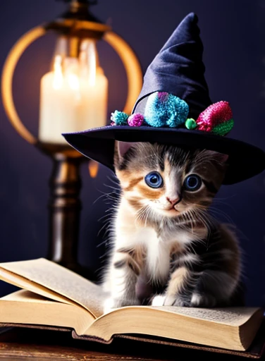 amazing quality, masterpiece, best quality, hyper detailed, ultra detailed, UHD, perfect anatomy, magic world, (kitten:1.4), arcane symbols in the air, spell magic ( wearing a wizard's hat:1.3), energy flow, a full body of a cute kitten, kawaii, wearing wizard's robe, blue wizard's hat, sitting on a magic book, spell magic, hkmagic, extremely detailed, glowneon, glowing,