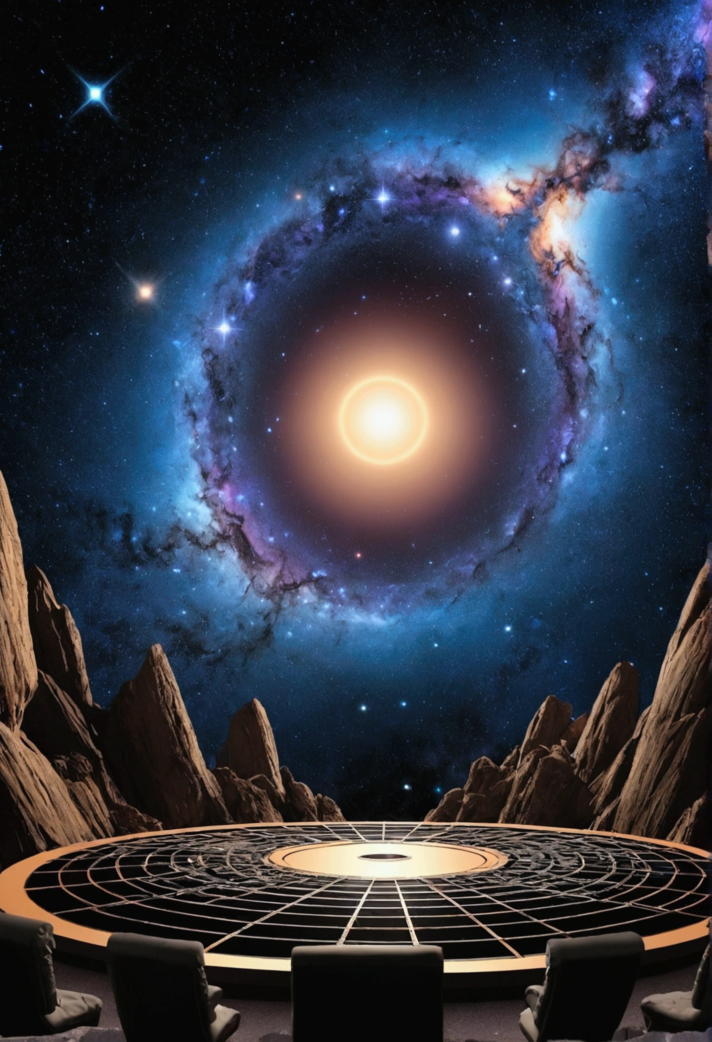 A background that combines a rock stage with cosmic elements such as stars, galaxies and a black hole.