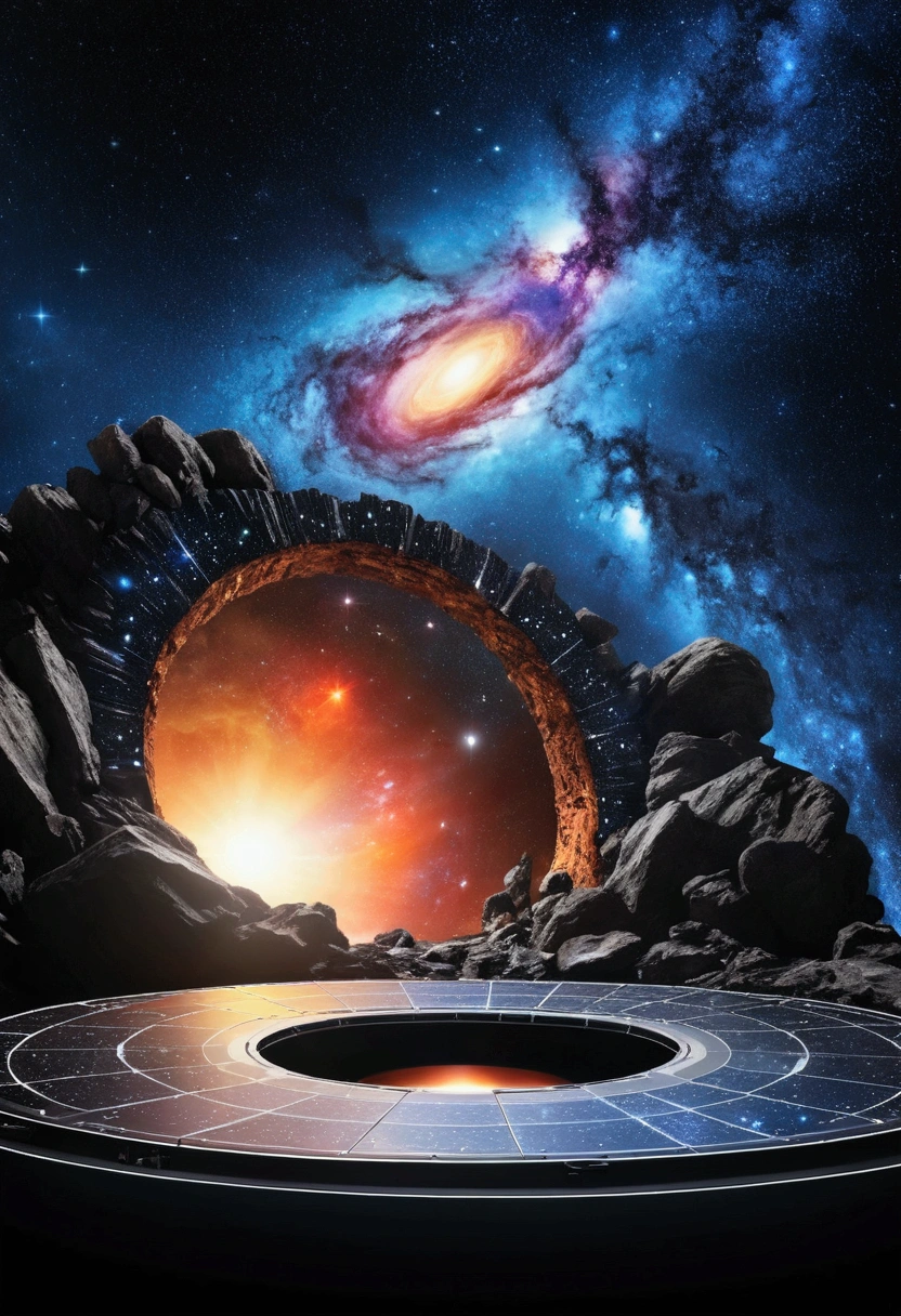 A background that combines a rock stage with cosmic elements such as stars, galaxies and a black hole.