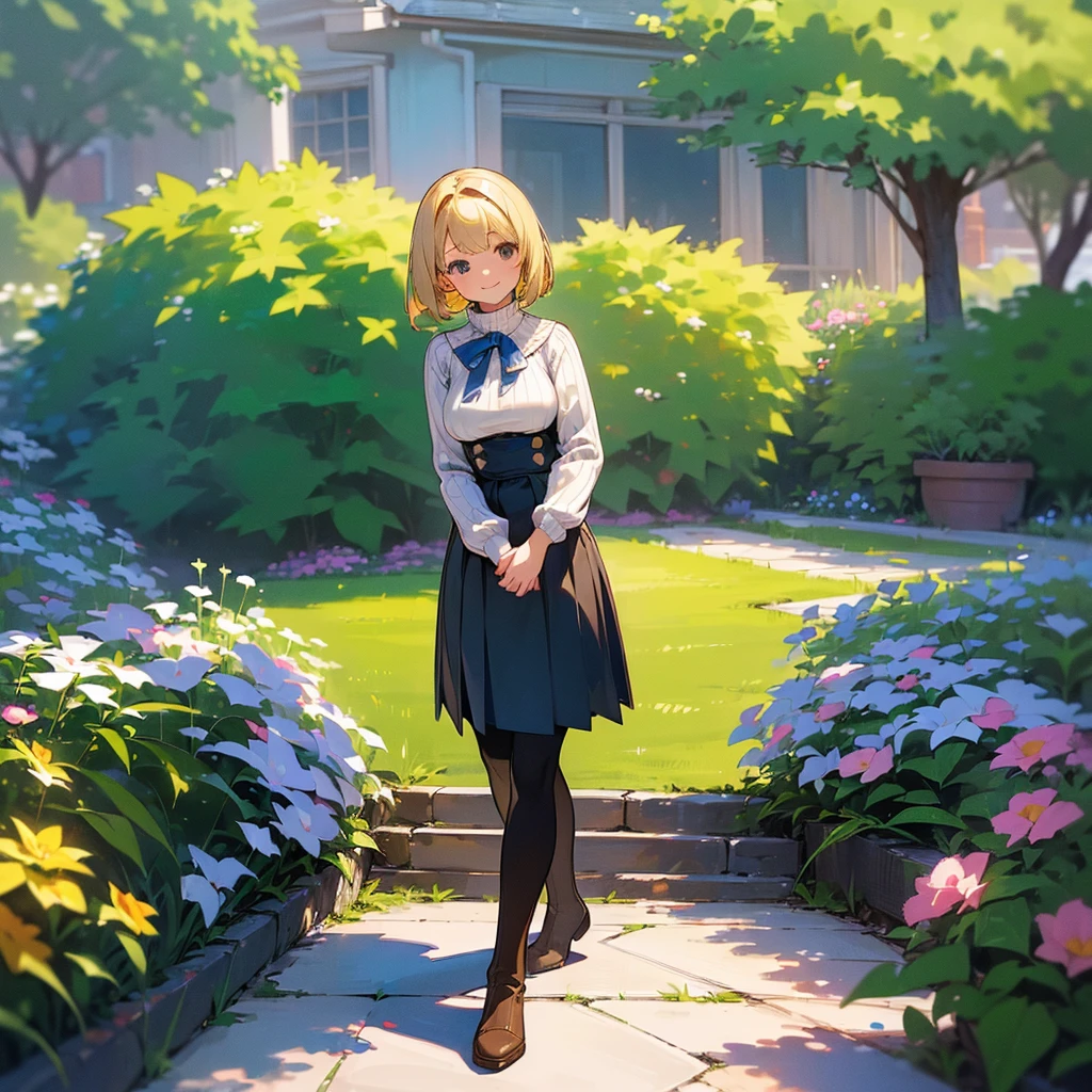 (high quality, High resolution, Very detailed, reality:1.37), Peaceful atmosphere, (Outdoor, garden), age girl standing alone, (my breasts are big.), Beautiful details, Cute Smile, (Blonde Bob Hair), Ribbed sweater, Blue Skirt, Black tights, Brown boots.