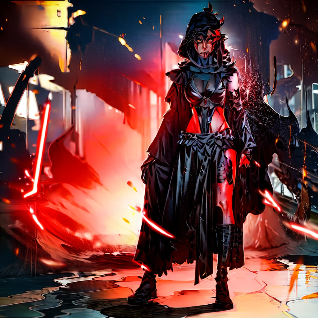 The girl is a Sith lord. She is wearing a black top and underpants. her skin is covered with black tattoos. She has red-yellow eyes. She holds a red lightsaber in right hand.