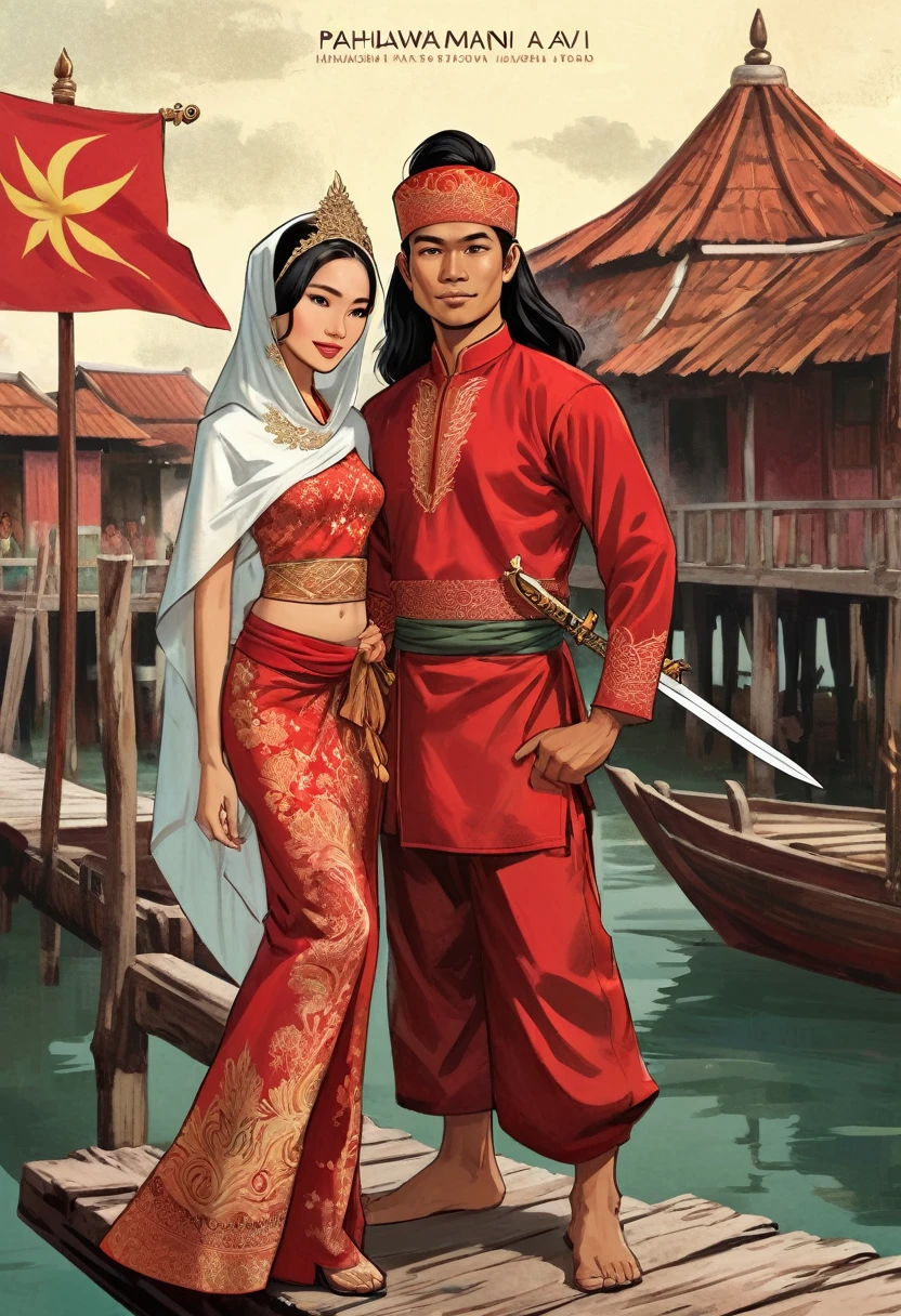 a comic book cover, illustration style. Titled written "PAHLAWAN KU" a Malay Javanese man, wearing traditional man costume, long hair wearing Tanjak on his head, holding a long Javanese dagger called Sundang. heroic poses. Besides him, a young beautiful Malay woman (supermodel) wearing Malay traditional outfits called Kebaya in red colour. She wrap her hand around the man. They are standing on a old ship dock. full body shot. Background of old historical ship in 15 centuries in Malacca.