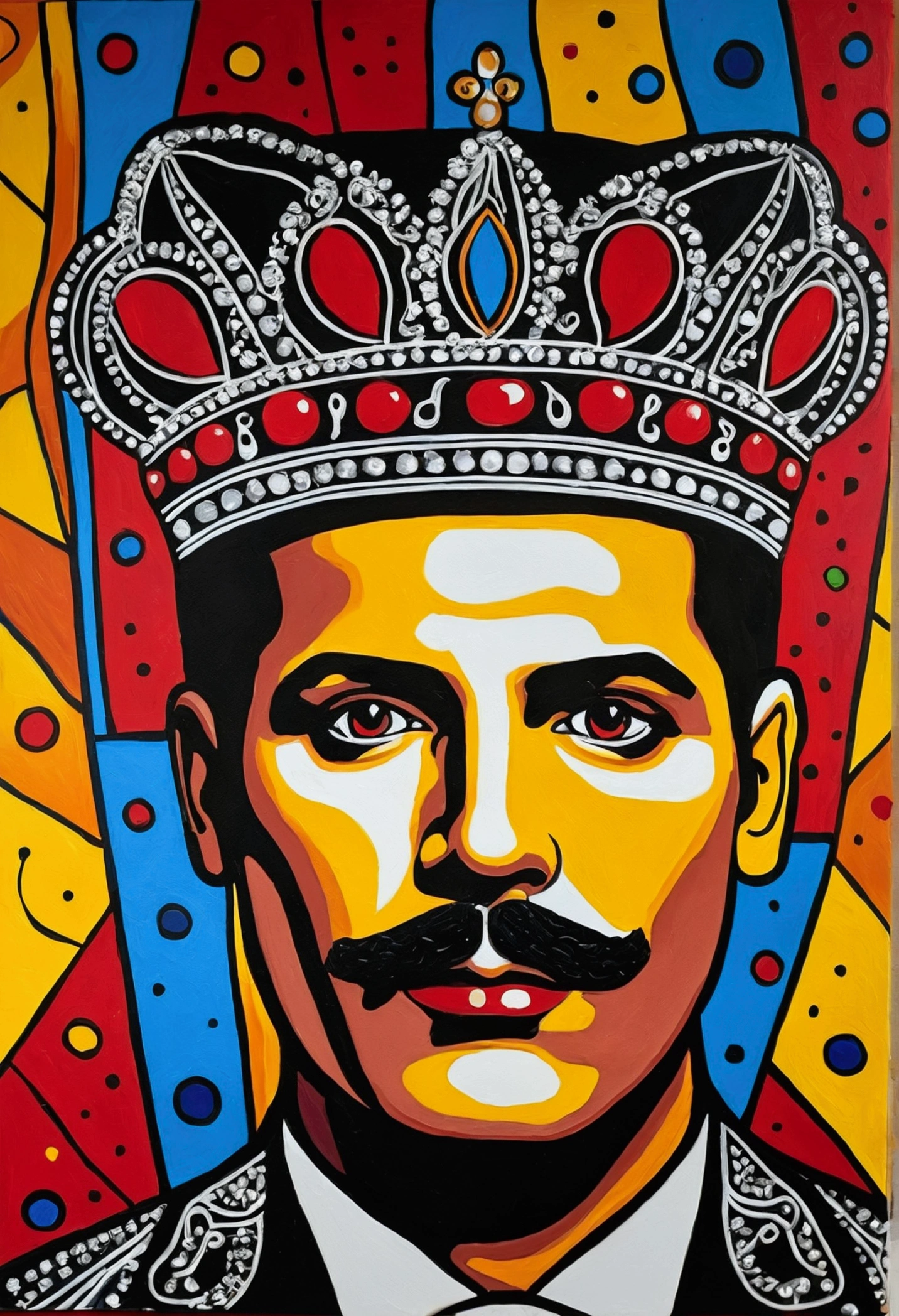 create a painting with the face of fred mercury new based on the works of the painter romero brito