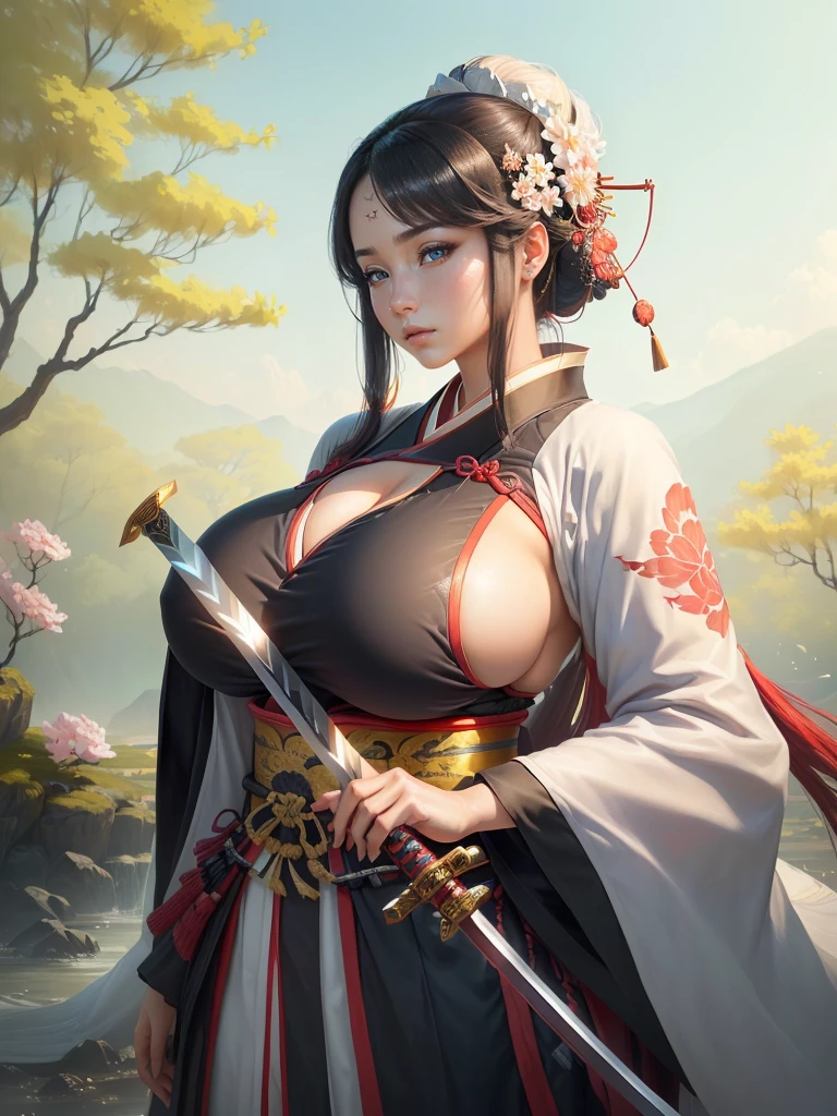 (arafed image of a woman in a kimono with a sword), inspired by Li Mei-shu, she is holding a katana sword, inspired by Cao Zhibai, inspired by Ju Lian, inspired by Guan Daosheng, inspired by Wu Zuoren, inspired by Zhao Yuan, inspired by Zhao Mengfu, beautiful character painting, Highly detailed CG unit 8k wallpaper, masterpiece, High resolution, highest quality, highest quality real texture skin, Super Real, Digital Painting, Best image quality, 最High resolution, 8k, ((Highly detailed eyes and face, Beautiful eyes every detail)), Big Breasts, Cleavage, profile, dark persona, (((Saggy breasts, Gravity-dependent breasts, long chest, Heavy chest, ))), ((disproportionate breasts, huge breasts, sagging breasts, gigantic breasts, erect nipple,)), 