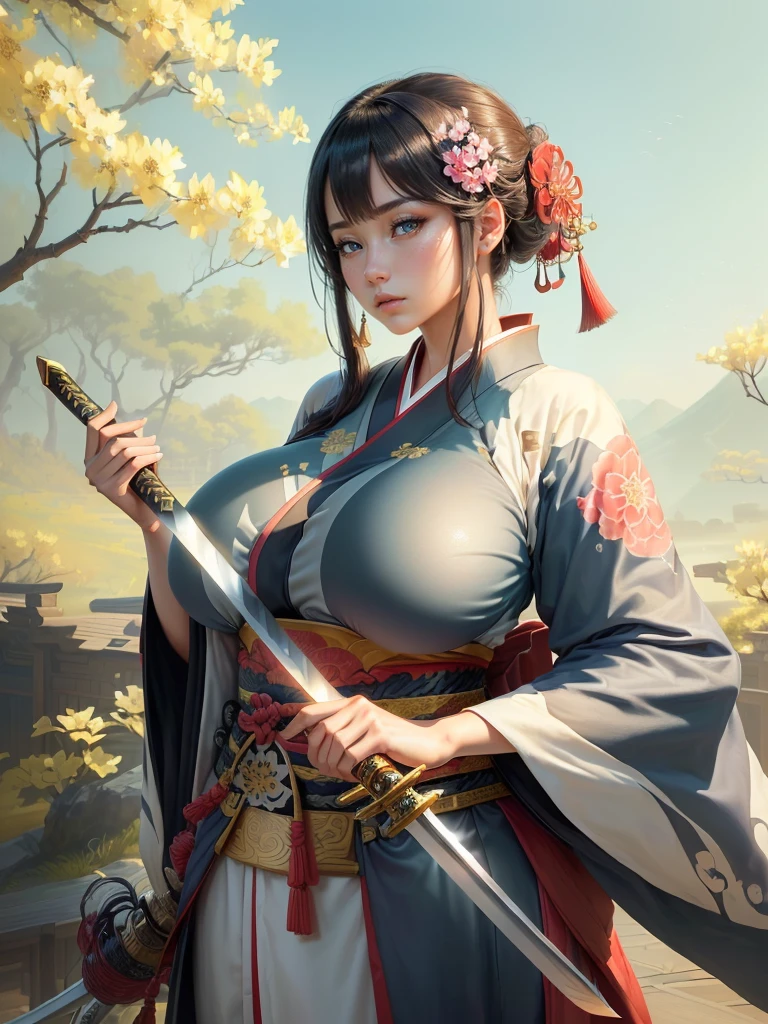 (arafed image of a woman in a kimono with a sword), inspired by Li Mei-shu, she is holding a katana sword, inspired by Cao Zhibai, inspired by Ju Lian, inspired by Guan Daosheng, inspired by Wu Zuoren, inspired by Zhao Yuan, inspired by Zhao Mengfu, beautiful character painting, Highly detailed CG unit 8k wallpaper, masterpiece, High resolution, highest quality, highest quality real texture skin, Super Real, Digital Painting, Best image quality, 最High resolution, 8k, ((Highly detailed eyes and face, Beautiful eyes every detail)), Big Breasts, Cleavage, profile, dark persona, (((Saggy breasts, Gravity-dependent breasts, long chest, Heavy chest, ))), ((disproportionate breasts, huge breasts, sagging breasts, gigantic breasts, erect nipple,)),