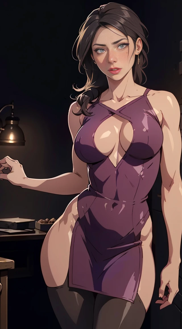 hyperrealistic, superdetailed, sexy (Aunt June (Secret class)), very detailed, sexy facial expression, seductive facial expression, [:(Detailed faces: 1.4): 0.4], 16K resolution, 4k resolution, dynamic lighting, high definition resolution, (hyperrealistic: 1.4),(contrast background: 1.5), (Anatomy of a hyperrealistic hand), (hyperrealistic анатомия ног), (Clean skin), (cinematic lighting: 1.7), (defendant), (NVIDIA RTX Ray Tracing technology), (Anatomy of a hyperrealistic hand: 2), (Perfect flat stomach), (color image),  (Aunt June (Secret breasts Clasidium , mature woman, horny ,16 thousand., sparkling eyes, detailed eyes in 4k, seduction,sexy lips, parted lips,detailed lips, Red lips, high, ((Big purple eyes)), Detailed face, Shiny skin, auntyjunv3, auntyjun, lock of hair, bang, dirty hair ,  medium breast, brown tights, tights, thighs, dress, red dress, sleeveless dress, clavicle, I look at the viewer , masterpiece, Best quality, highly detailed, desire, blush, perfect hands, blush, shy, narrow gap, dent in the skin