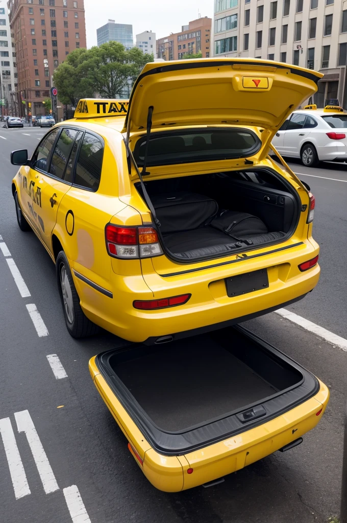 A taxi with an open trunk