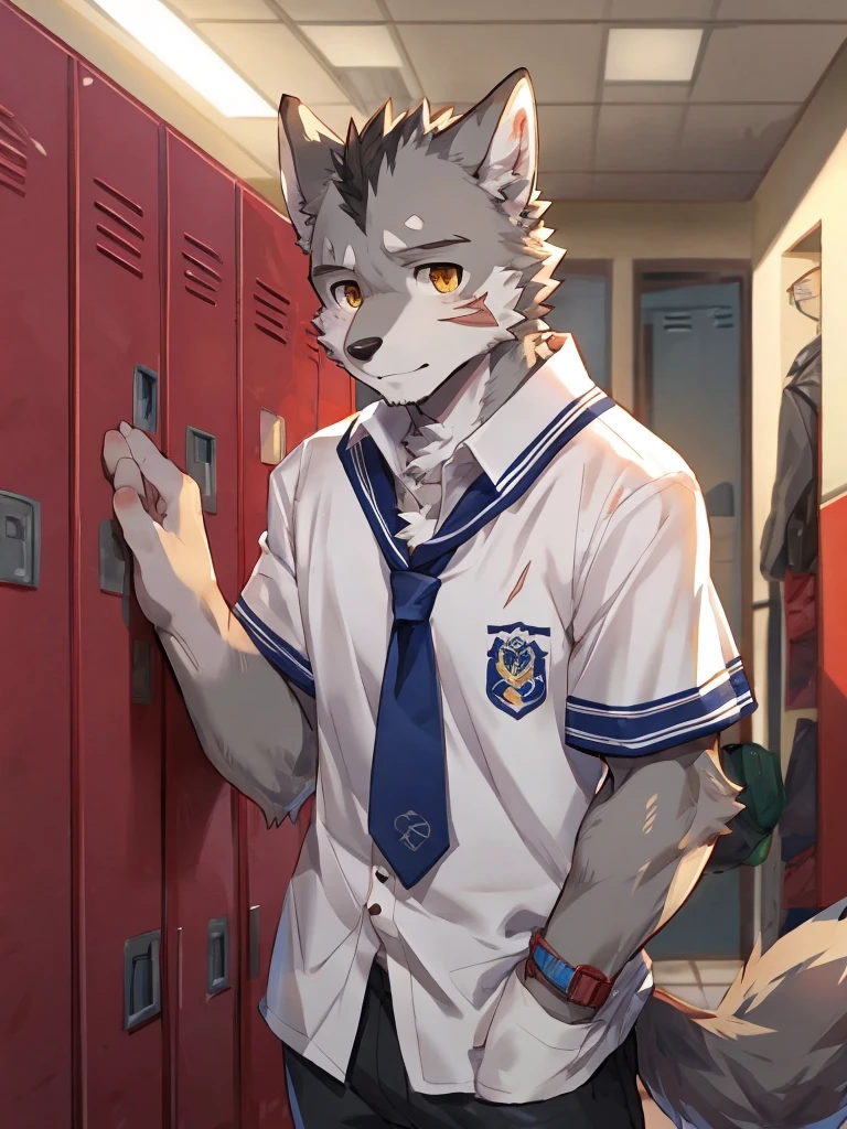 embedding:Gray wolf,Golden Eyes，Single Person,a scar on the face.Gray fur，High school students,male school uniform,A buzz cut,Standing by the school locker,Nervous,Male.Thin,Handsome,Smart,Nervous,Best quality hands, best quality eye，detailed fur，Delicate eyes.Extreme picture quality，by sollyz,by zixiong,by milkytiger1145