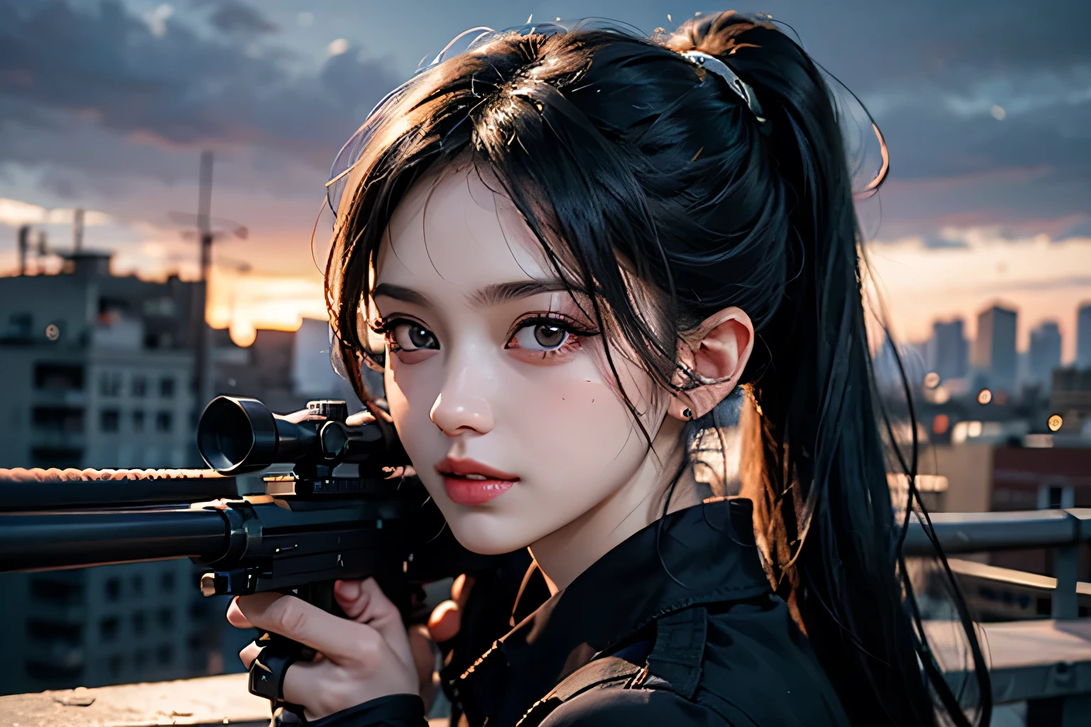 A highly detailed and realistic 8K portrait of a confident and beautiful female sniper with long black hair in a ponytail, wearing a black suit, headset and wielding a long sniper rifle with scope, standing on the rooftop of an office building in a city skyline, with a perfect anatomical physique and a charming smile, (best quality,8k,highres,photorealistic,masterpiece:1.2),ultra-detailed,physically-based rendering,professional,vivid colors,HDR,studio lighting,sharp focus,1girl,beautiful detailed eyes,beautiful detailed lips,extremely detailed face and skin,long eyelashes,confident expression,office building,cityscape,sniper rifle,scope,ponytail, gun, black gloves、Sit down and hold the rifle accurately on your lap、Full body photo、Dynamic sniper pose