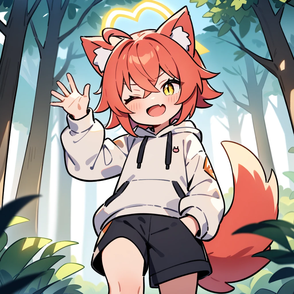 （masterpiece：1.2，high quality），4K，High resolution，A -year-boy，c boy， light red hair，short hair，crossed bangs，light yellow eyes，slit pupils，one eye closed，heart ahoge，yellow halo，cat ears，laughing，skin fang，Wearing a white hoodie，Black shorts，Stand in the forest，There are flowering trees on both sides.，primary scho，dog tail，（Put your hands in your pockets），（（Put your hands in your pockets））