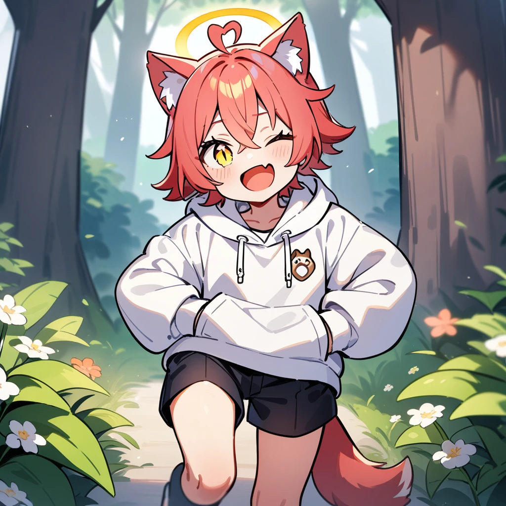 （masterpiece：1.2，high quality），4K，High resolution，A seven-year-old boy，cute boy， light red hair，short hair，crossed bangs，light yellow eyes，slit pupils，one eye closed，heart ahoge，yellow halo，cat ears，laughing，skin fang，Wearing a white hoodie，Black shorts，Stand in the forest，There are flowering trees on both sides.，primary school student，thigh，alone，dog tail，（Put your hands in your pockets），（（Put your hands in your pockets））