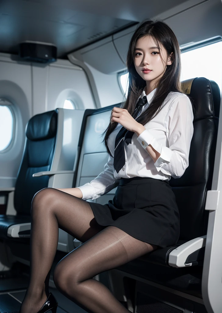 Diffuse lighting、 Highest quality, High resolution, unity 8k wallpaper、Supersaturation, Japanese、1 female、23age、(masterpiece), Highest quality, Highest quality, Detailed and complex, whole body, High resolution, (16age),Very detailed_eye, Sexy Breasts, (eyeliner:0.5),(blush:0.5), Detailed skin, Displaying the viewer, A light smile, Cabin attendant、Inside the plane、 ((Flight attendant uniform)), (Black Pantyhose:1.1), Black high heels, Black short skirt uniform, On the plane((Inside the plane:1.2, Motion Capture)), Back view, Perfect Anatomy, (Depth of written boundary:1.1),change:0.1,Realistic:1.3, (Zhou Haoguang:1),(Structure of the film:1.3), (Highest quality, High resolution, Realistic, original, 8k,masterpiece, ),Highest quality, masterpiece8k.High resolution. High Rib:1.2, Film Grain, Blurred Bokeh:1.2, Lens flare, (Bright colors:1.2), (delicate),