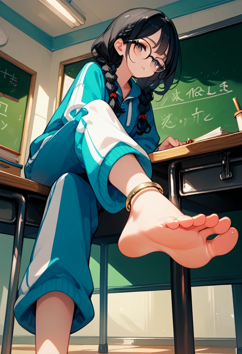 score_9, score_8_up,score_7_up,hadrian,black hair, Sexy swimsuit,baggy blue track pants,glasses,black hair,low twin braids, ,desk,sitting on desk,foot up,barefoot,soles,foot focus,from below,anklet,chalkboard