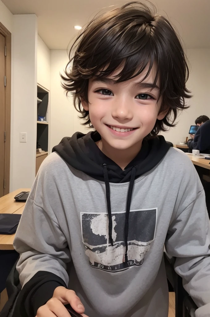 a boy with messy hair with a cell phone in his hand smiling