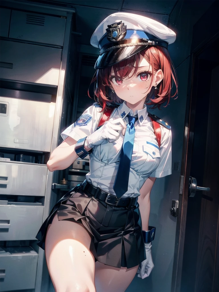 policewoman uniform, light blue short sleeved shirt, navy necktie, high waisted miniskirt, belt, white gloves, police hat, handcuffs, absurdres, RAW photo, extremely delicate and beautiful, masterpiece, Best Quality, ultra high resolution, 32k, hyperrealistic, ultra-detailed, detailed description, pale skin, 20 years old, tearful mole, earring, short medium hair, wavy hair, whole body shot, legs, Redhead, Red eyes, 