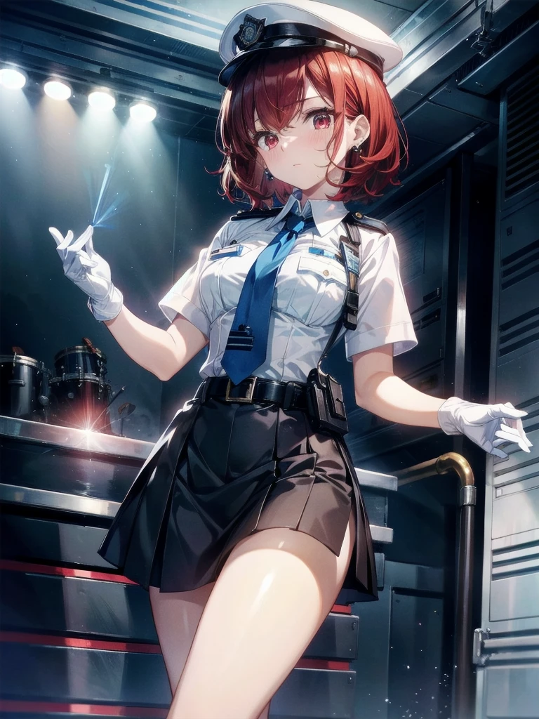 policewoman uniform, light blue short sleeved shirt, navy necktie, high waisted miniskirt, belt, white gloves, police hat, handcuffs, absurdres, RAW photo, extremely delicate and beautiful, masterpiece, Best Quality, ultra high resolution, 32k, hyperrealistic, ultra-detailed, detailed description, pale skin, 20 years old, tearful mole, earring, short medium hair, wavy hair, whole body shot, legs, Redhead, Red eyes,