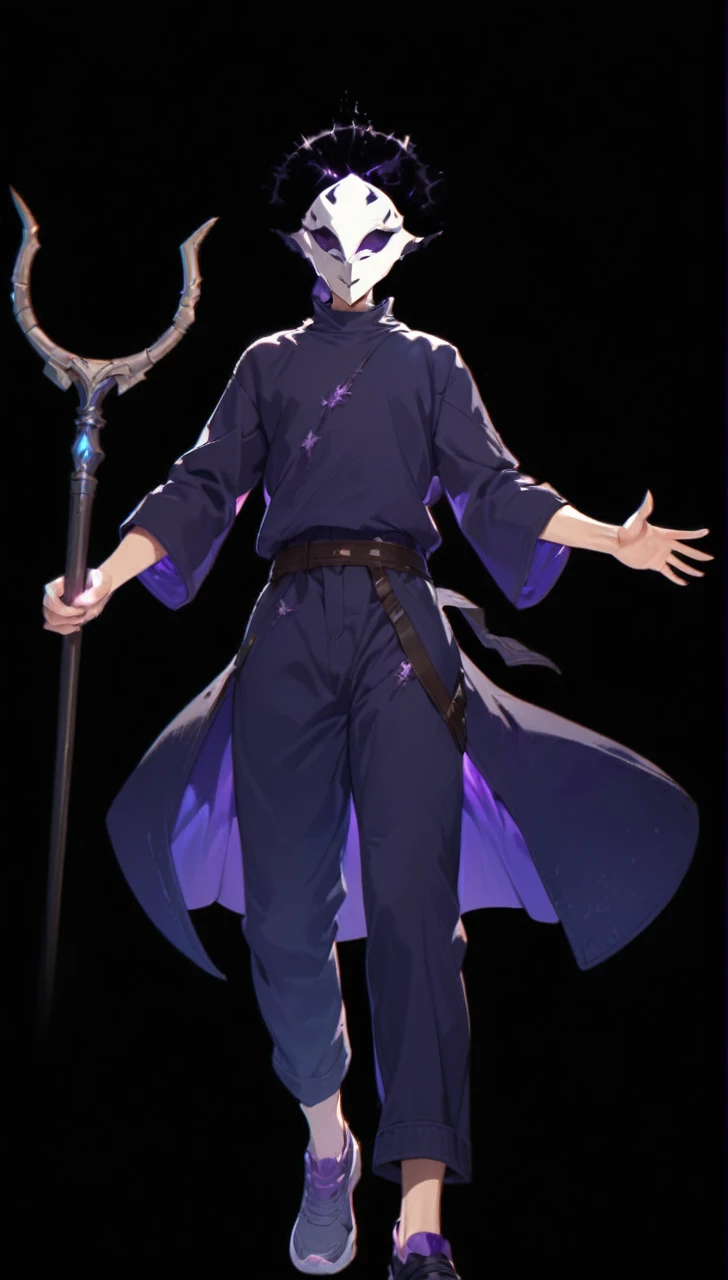 a boy in a white mask,holding a magic staff,purple lightning background,detailed facial features,dramatic lighting,cinematic composition,fantasy scene,glowing purple lightning,epic fantasy,hyper detailed,highly detailed,incredibly detailed,masterpiece,ultra-detailed,8k,4k,best quality,photorealistic