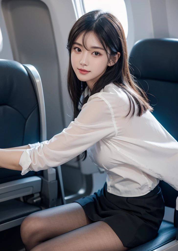 Diffuse lighting、 Highest quality, High resolution, unity 8k wallpaper、Supersaturation, Japanese、1 female、23age、(masterpiece), Highest quality, Highest quality, Detailed and complex, whole body, High resolution, (16age),Very detailed_eye, Sexy Breasts, (eyeliner:0.5),(blush:0.5), Detailed skin, Displaying the viewer, A light smile, Cabin attendant、Bun Head、Inside the plane、 ((Flight attendant uniform)), (Black Pantyhose:1.1), Black high heels, Black short skirt uniform, On the plane((Inside the plane:1.2, Motion Capture)), Back view, Perfect Anatomy, (Depth of written boundary:1.1),change:0.1,Realistic:1.3, (Zhou Haoguang:1),(Structure of the film:1.3), (Highest quality, High resolution, Realistic, original, 8k,masterpiece, ),Highest quality, masterpiece8k.High resolution. High Rib:1.2, Film Grain, Blurred Bokeh:1.2, Lens flare, (Bright colors:1.2), (delicate),