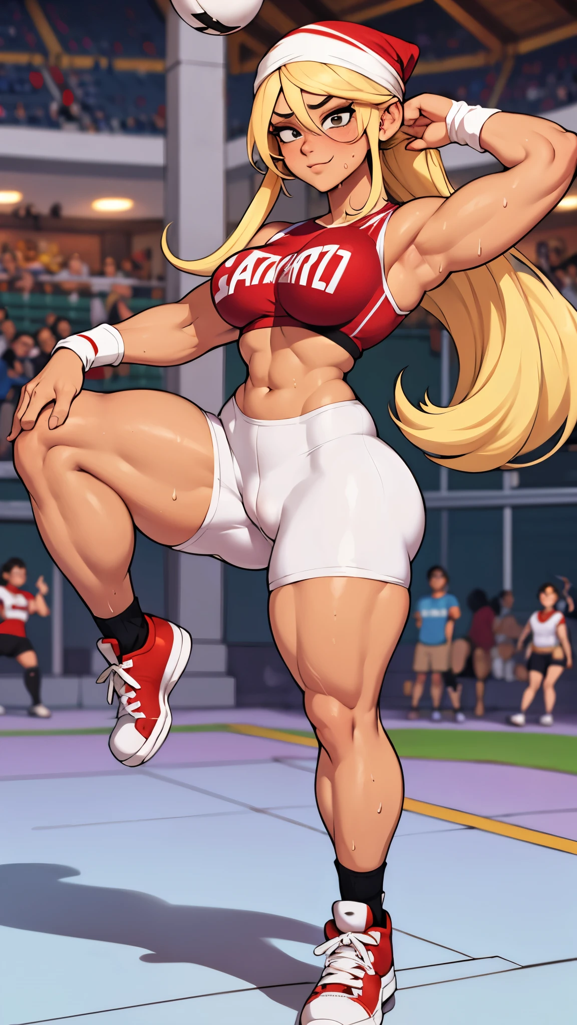 Athletic and super curvy milf, muscle, bimbo, bandana on head, Long blonde hair, sports top, red sports shorts, tiny shorts, parts, tanned skin, sunburn, knee high socks, sneakers, sweating, clothes wet with sweat