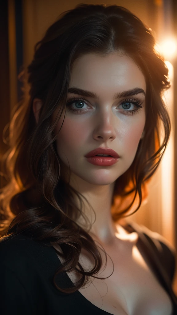 (((ultra realistic))) Photo, masterpiece, top quality, (pale skin), (Ultra detailed face and eyes:1.1), 1 girl, Adult, deep neckline, (Eye makeup, mascara) , ((large detailed lips)), ((red wavy hair)), ((Chyolka)) , ((Natural big breasts)). ((Posing)), photoshoot, studio ((contour light)), (The play of light and shadows), depth of field, bokeh, (special attention to skin detail: 1.2), (Light atmosphere of the frame, Pastel colors, Colours black), ((portrait, close to the camera)) , ultra detialed, 