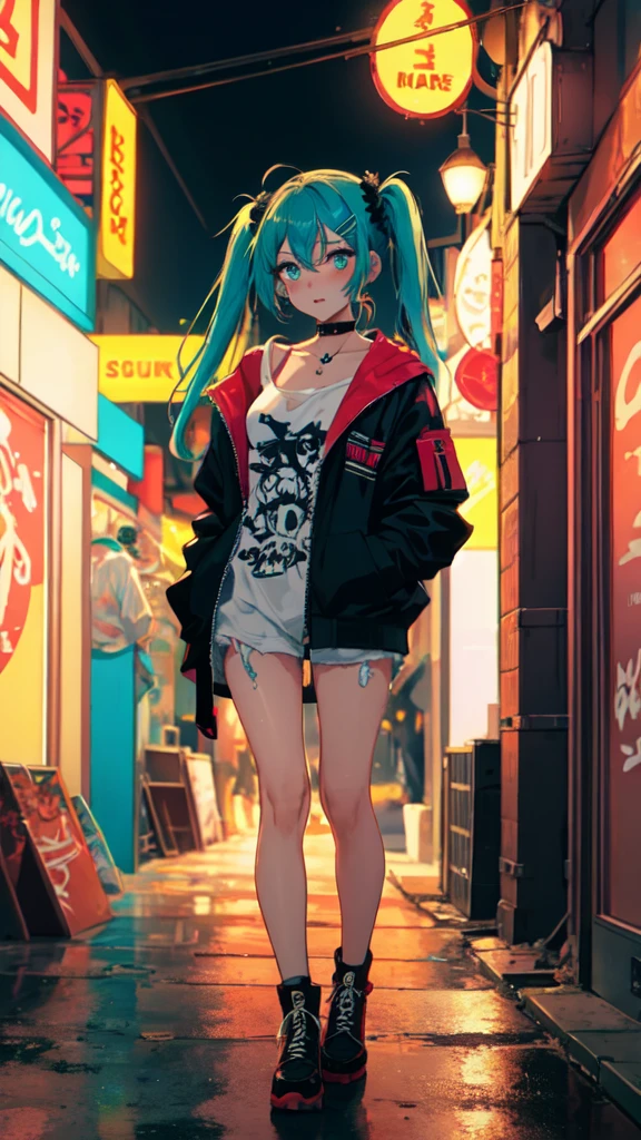 (8K, best quality, master piece: 1.2),super high resolution,1 girl, solo, full body ,ultra-detailed face, blush, Rainbow hair, (Pigtails:1.3), thin hair clip, cyan colorshift eyes, expressive eyes, collarbone, Ecstatic expression, She is wearing a stylish bomber jacket with bold graphic designs, paired with ripped jeans and combat boots, chunky jewelry, She stands in a bustling city street at night, with vibrant neon signs and graffiti-covered walls as the backdrop.