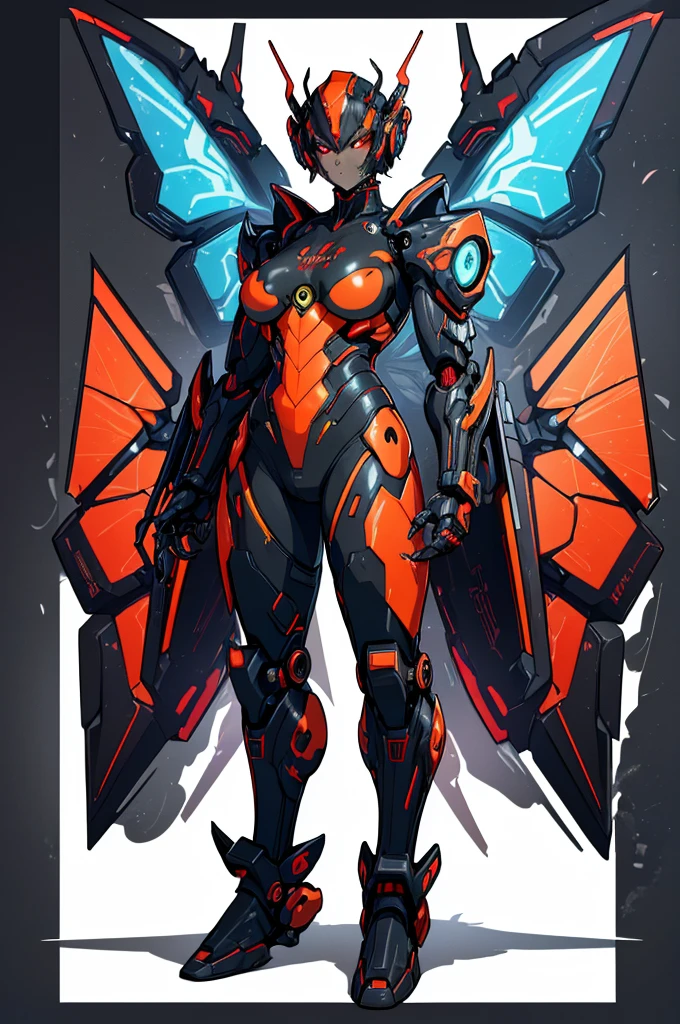 (masterpiece, best quality, high resolution, 1 cyberpunk-style alien mecha, robust body, very large arms with claws, red eyes, cyberpunk-style insect wings, wild posture, colored black, (white background, stickers. Redmond), ((full body standing)),
