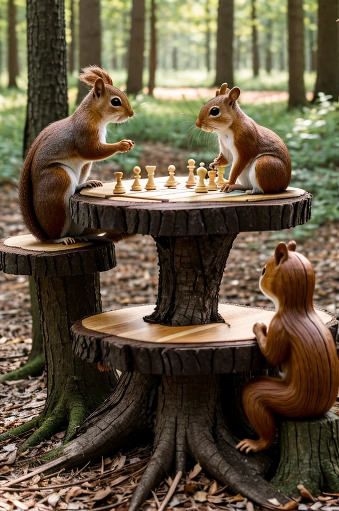 2 squirrels sitting on wooden logs playing chess on a tree table in the middle of the forest to draw