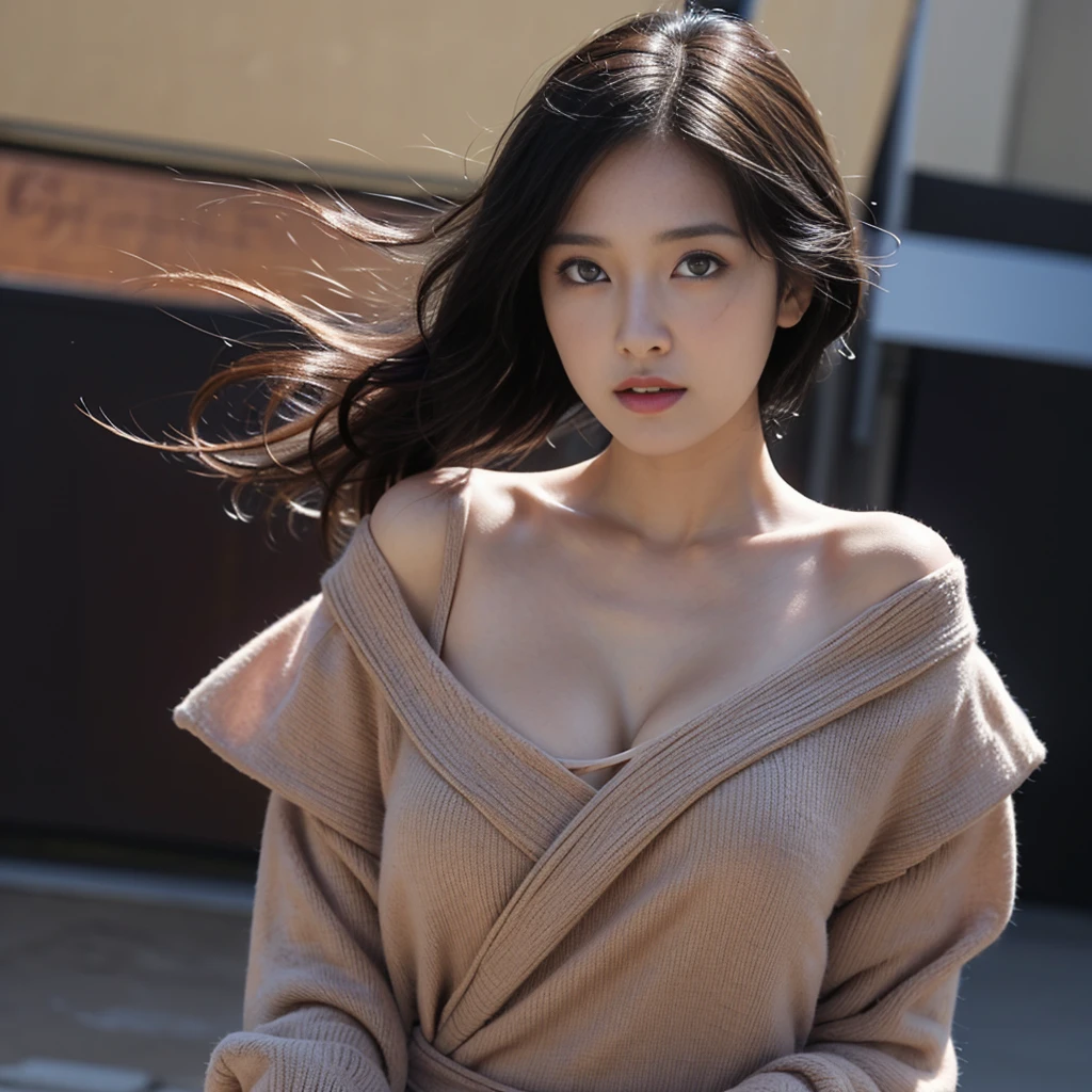 (masterpiece:1.1),(Photorealistic:1.5),(Highest quality:1.2),(Highest quality),(Ultra high definition:1.2),RAW Photos,Tabletop,Very cute girl,Amazingly cute face,Ultra-detailed face,Detailed eyes,Beautiful Eyes,Long eyelashes,double eyelid,Perfect balance,Mid-chest,looking at the camera,Textured skin,Beautiful Skin,Earrings,Natural Lip,light makeup,Very Short Bob,(A knit with an open neckline),The gesture of brushing back hair