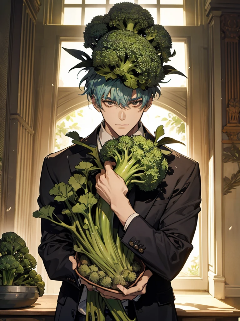 Beautiful young man holding broccoli,Handsome,Broccoli growing from head,Upper body naked,broccoli forest,gravure,,