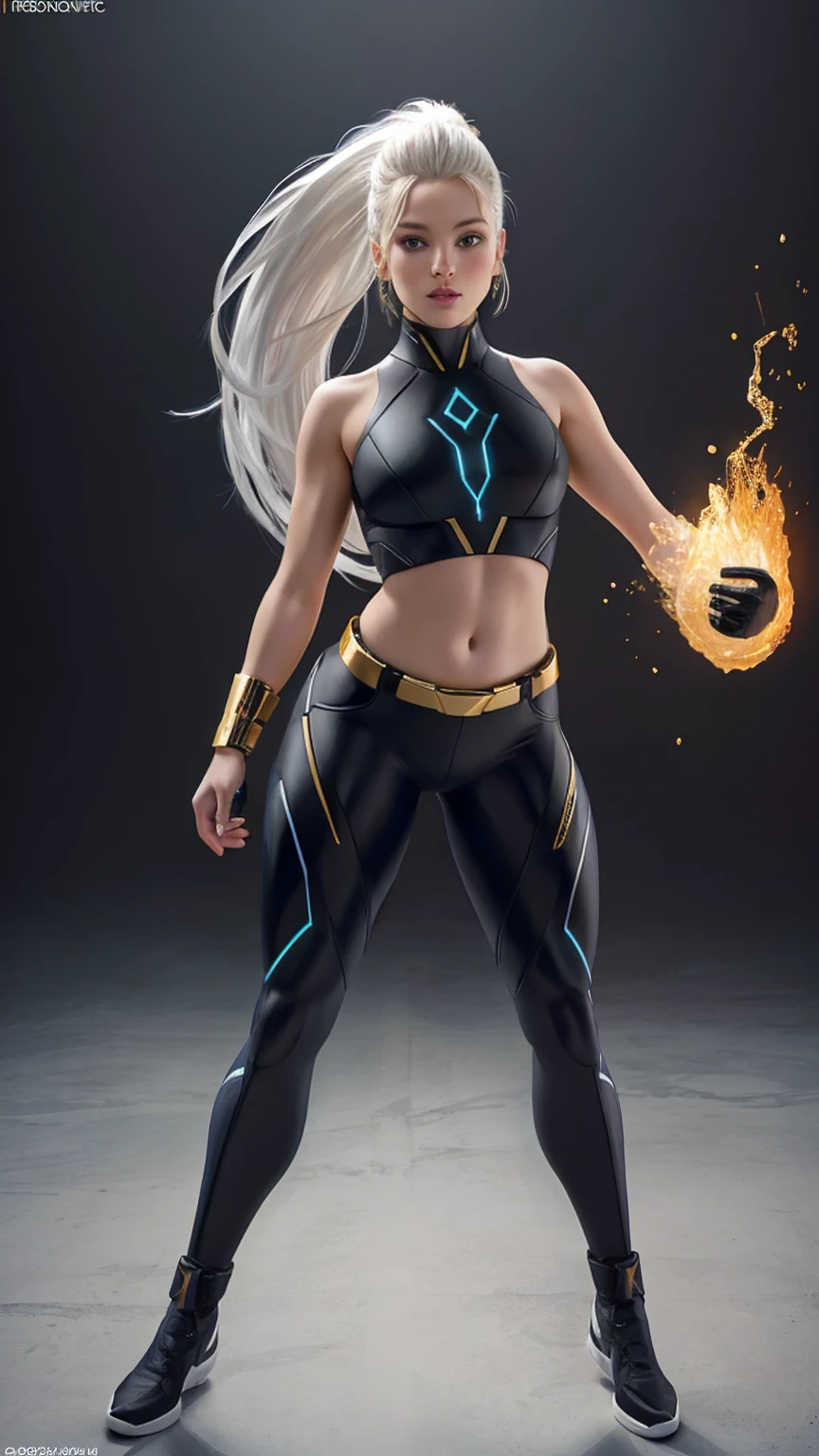 actress (Emilia Clarke) as a (Sonya Blade), wears a ((green-black-and-white sports bra)) and tights set with black biker gloves, upper arm bands, white sneakers, and white socks, blonde longer hair tied into a ponytail, fit body, fighting pose, ready to fight, fighting arena, sultry, sexy, hot, shapely, full body render, fine detail, hyper realistic, HD, 4K, definition, texture, perfect detail, perfect face, beautiful, hyperrealism, trending on artstation