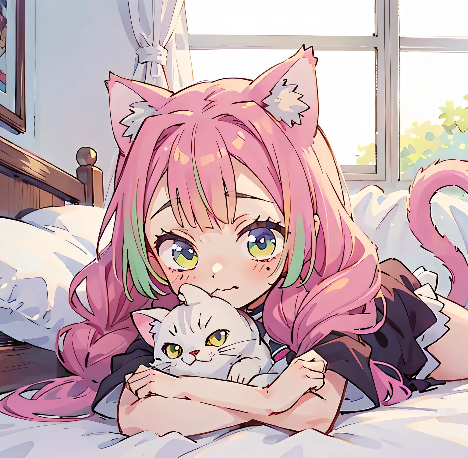 anime girl with long hair and cat ears laying on bed, cute anime catgirl, anime visual of a cute girl, anime catgirl, anime visual of a cute cat, holo is a wolf girl, cute anime girl, anime girl with cat ears, beautiful anime catgirl, anime best girl, very beautiful anime cat girl, anime girl named lucy, cute anime