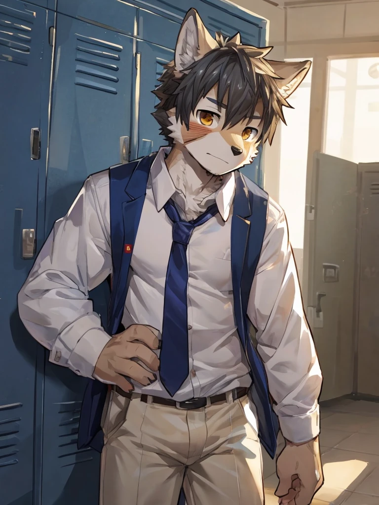 embedding:Gray wolf,Golden Eyes,Single Person,a scar on the face.Gray fur,High school students,male school uniform,A buzz cut,Standing by the school locker,Nervous,Male,Handsome,Smart,Best quality hands, best quality eye,detailed fur,Delicate eyes.Extreme picture quality,by sollyz,by zixiong,by milkytiger1145
