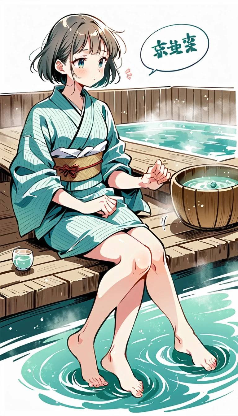 white background, Fujichoco style, kimono, (((The Most Beautiful Girl))), gray hair, ((Spa, sauna)), simple background, Simple line initialism, full body,