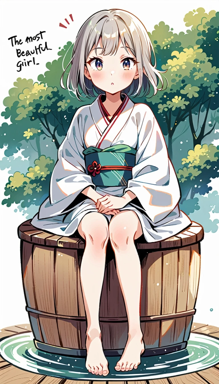 white background, Fujichoco style, kimono, (((The Most Beautiful Girl))), gray hair, ((Spa, sauna)), simple background, Simple line initialism, full body,