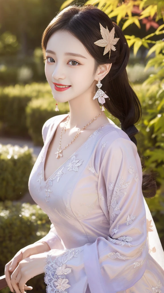 Fine details, high resolution, high quality、Perfect dynamic composition, Beautiful and delicate eyes, Double ponytail hairstyle, Beautiful breasts 、Natural lipstick, Face,Kamiaki、1 girl、clear translucent skin、Shiny hair、Light purple luxury clothes、Exquisite lace、Complex dress、Exquisite hair accessories、Intricate earrings、Complex necklaces、a smile,garden,Maple Leaf