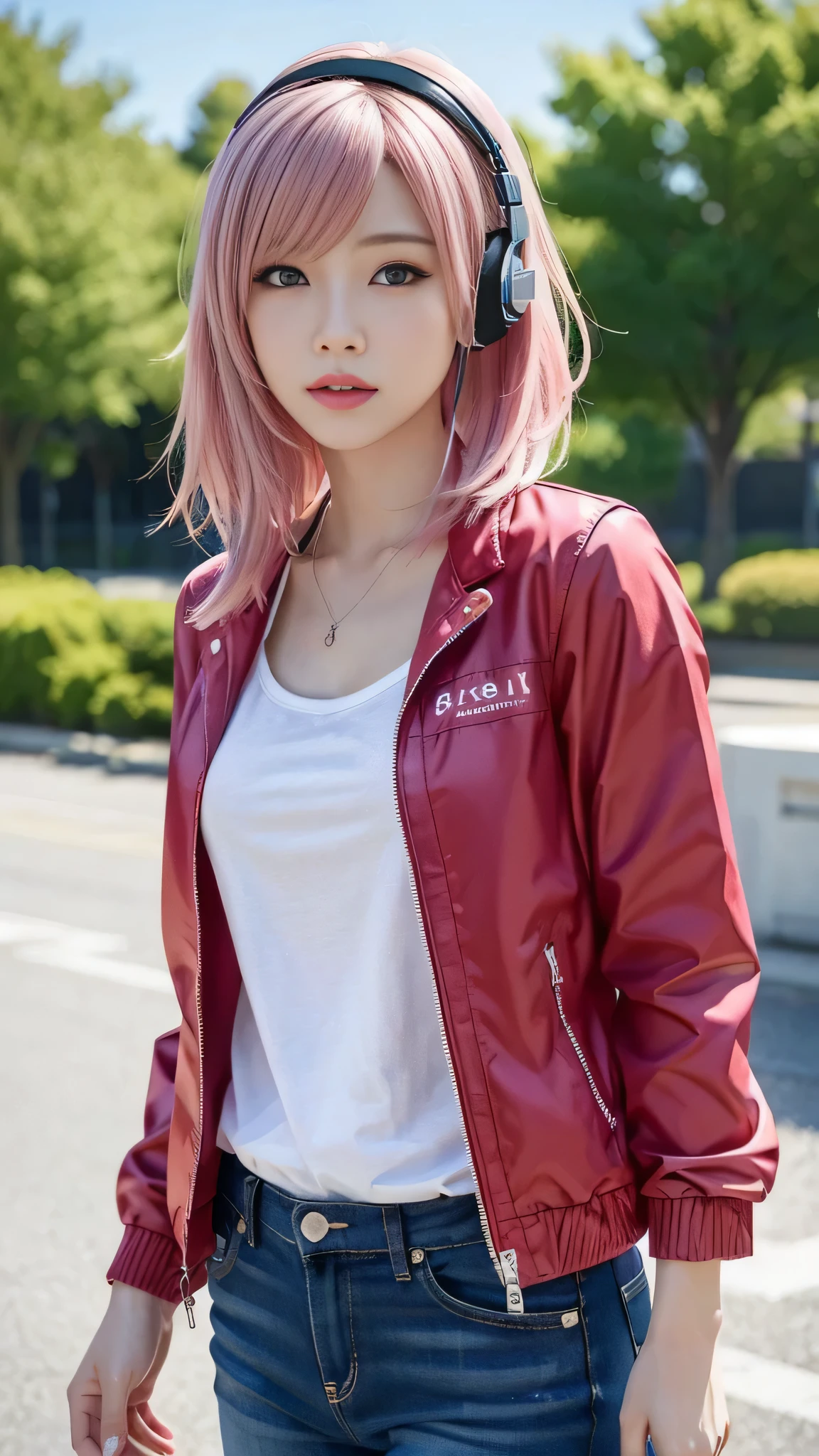 A woman with pink hair and a red jacket, Anime realism style, Unreal 5. RPG Portrait, cgsociety portrait, Realistic art style, Smooth anime CG art, Photorealistic Anime Girl Rendering, Realistic anime 3D style, Loss Draw 1. 0, Realistic 3D animation, ArtJam ; 3d unreal engine, Realistic anime art style,The background is a park,Wear white headphones