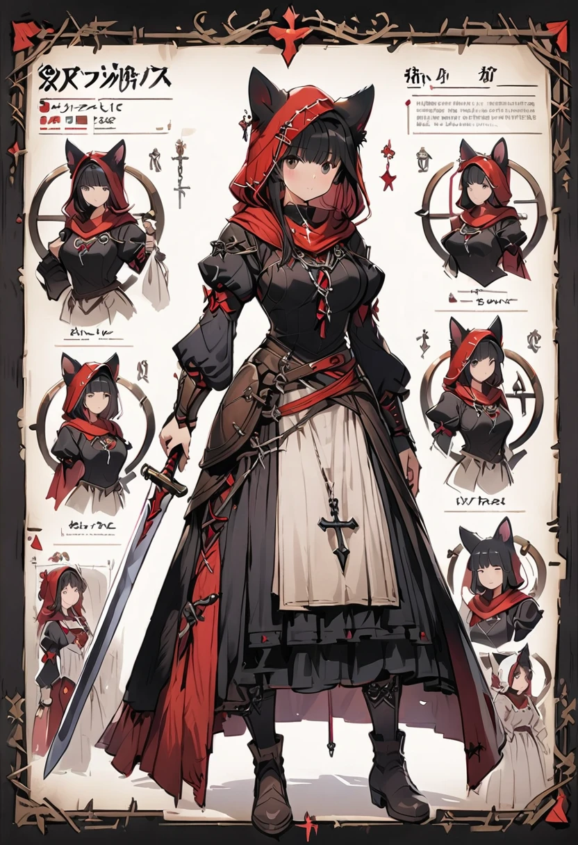 Framed Presentation of a catgirl, woman character design sheet, with detailed accessories, shoes, medieval equipament, swords, full body, perfect, ((masterpiece))