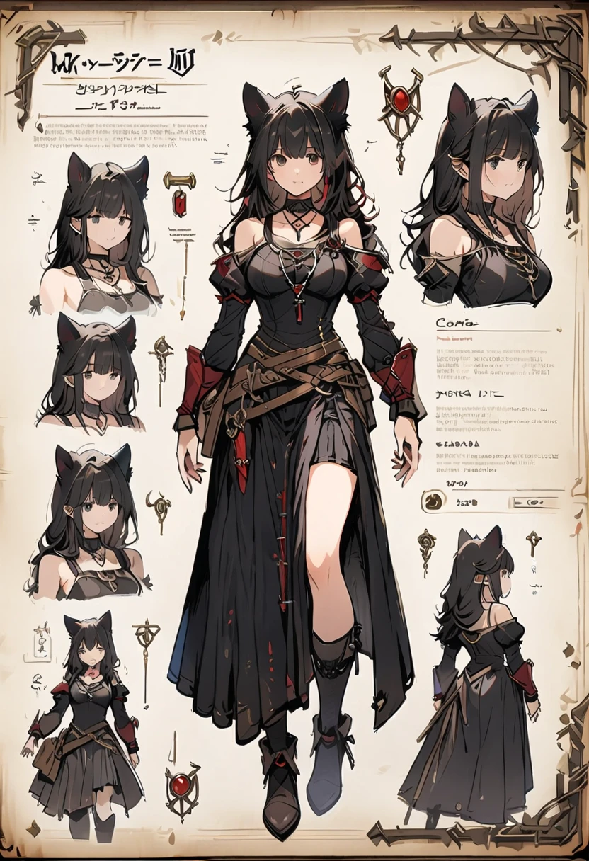 Framed Presentation of a catgirl, woman character design sheet, with detailed accessories, shoes, medieval equipament, swords, full body, perfect, ((masterpiece))