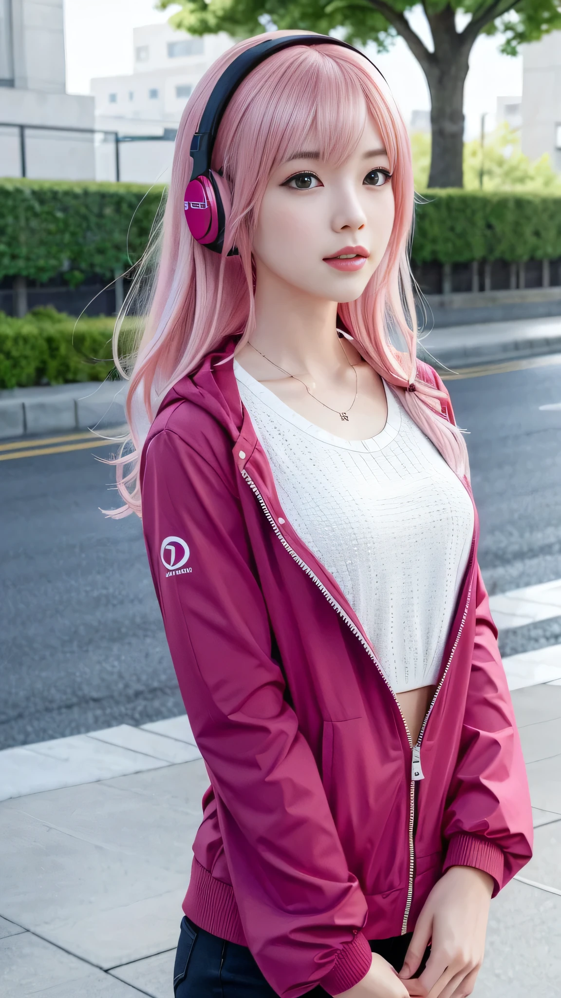 A woman with pink hair and a red jacket, Anime realism style, Unreal 5. RPG Portrait, cgsociety portrait, Realistic art style, Smooth anime CG art, Photorealistic Anime Girl Rendering, Realistic anime 3D style, Loss Draw 1. 0, Realistic 3D animation, ArtJam ; 3d unreal engine, Realistic anime art style,The background is a park,Wear white headphones