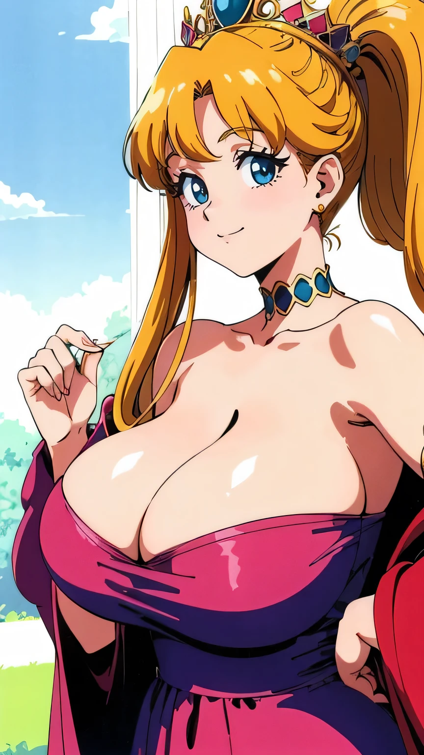 Highest quality,masterpiece,Ultra-high resolution,(Realistically:1.4),One girl,shoulder,Detailed eyes,Captivating big ,Looking at the camera,Very delicate skin,(Huge cleavage),Palace-like、( Queen),(Robe Dress),Laugh heartily,(Saggy breastature Woman、Perfect hands、Perfect Eyes, 1990s anime cel style, 1990s Manga Style,