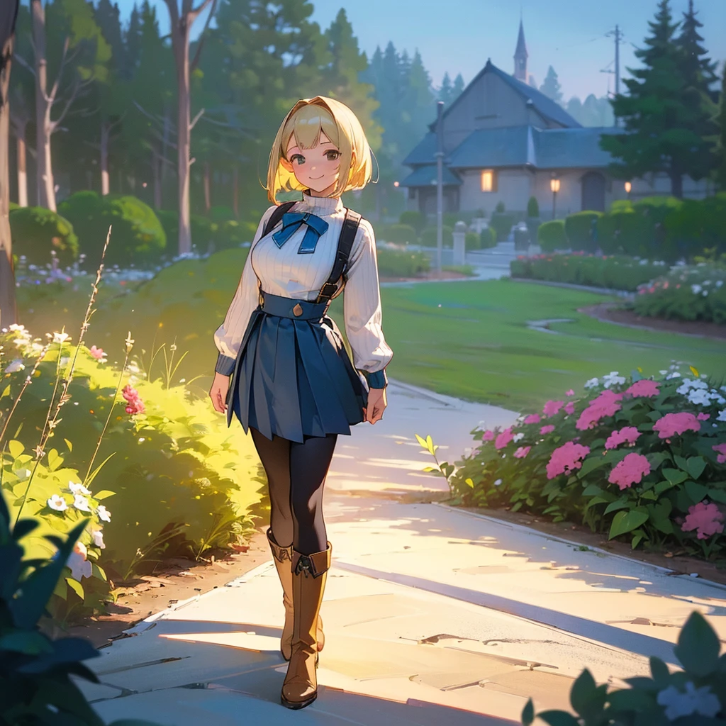 (high quality, High resolution, Very detailed, reality:1.37), Peaceful atmosphere, (Outdoor, garden), Teenage girl standing alone, (my breasts are big.), Beautiful details, Cute Smile, (Blonde Bob Hair), Ribbed sweater, Blue Skirt, Black tights, Brown boots.