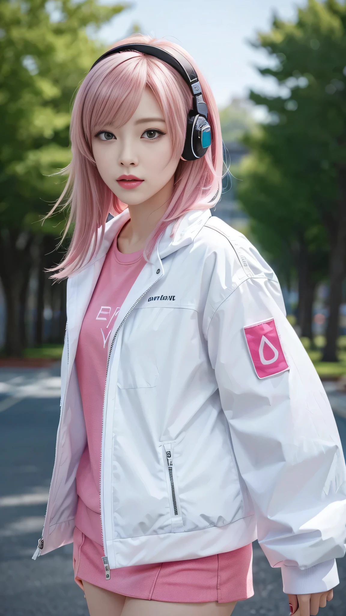 A woman with pink hair and a white jacket,Black mini skirt anime realism style, Unreal 5. RPG Portrait, cgsociety portrait, Realistic art style, Smooth anime CG art, Photorealistic Anime Girl Rendering, Realistic anime 3D style, Loss Draw 1. 0, Realistic 3D animation, ArtJam ; 3d unreal engine, Realistic anime art style,The background is a park,Wear white headphones