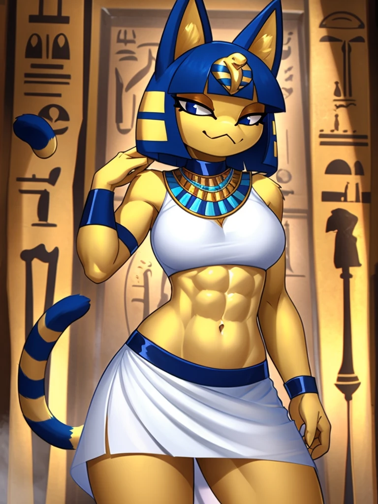 ((best quality)), ((masterpiece)), (detailed), ((2k)), trending on artstation, furry, furry style, anthro style, perfect face, a digital artwork of a sexy Ankha with abs wearing a crop top of her white sleeveless dress with white long dress skirt, a bare midriff, a bare navel, an exposed belly button, Egyptian setting, smug face, tail, blue Egyptian handbands, navel piercing