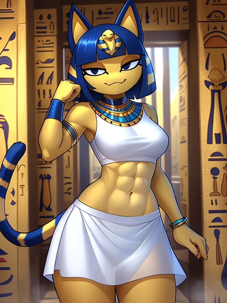 ((masterpiece)), ((best quality)), ((perfect face)), trending on artstation, furry, furry style , anthro style, digital artwork of a sexy ankha with rock hard abs, a bare midriff and a bare navel wearing a crop top of her sleeveless white dress with long white dress skirt, blue Egyptian handbands, yellow and blue fur, cat, tail, female, Egyptian setting, smug face, Egyptian necklace 