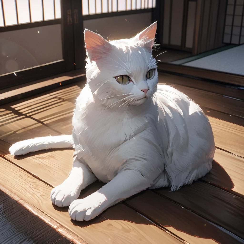 A four silver black and white cat wearing a white kimono with black details, wearing a white sash with the Japanese flag, well detailed fur, sitting on the wooden floor of a traditional Japanese house.,,(solo cat) ,UHD , prime work , accurate , anatomically correct , textured skin , super details , high quality , best quality, 8k, high resolution, bokeh effect, close view.
