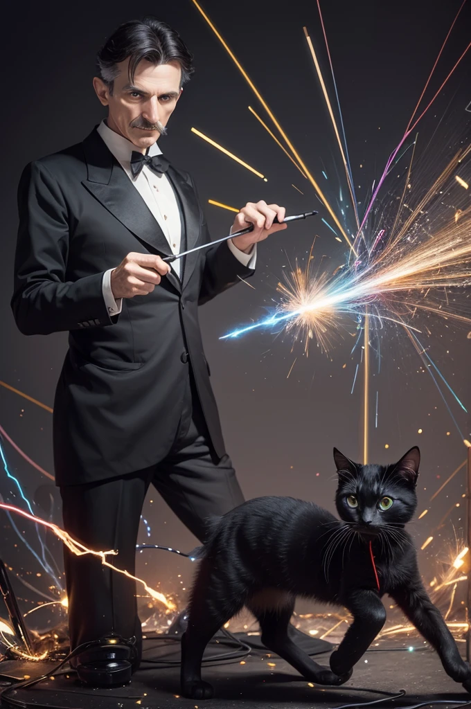 1. Draw Nikola Tesla playing with an electric black kitten, both surrounded by colorful threads and bright sparks.