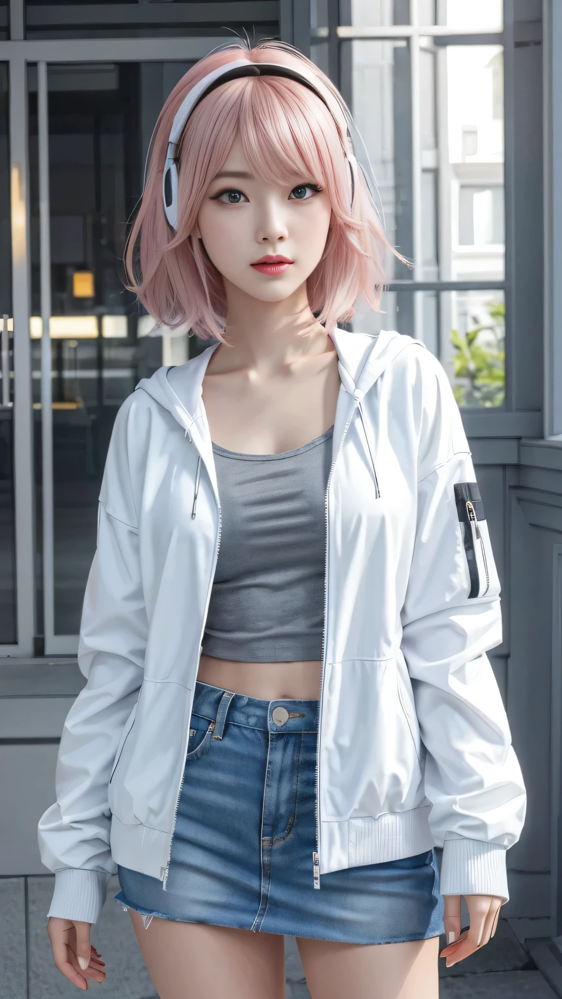 A woman with pink hair and a white jacket,Black mini skirt anime realism style, Unreal 5. RPG Portrait, cgsociety portrait, Realistic art style, Smooth anime CG art, Photorealistic Anime Girl Rendering, Realistic anime 3D style, Loss Draw 1. 0, Realistic 3D animation, ArtJam ; 3d unreal engine, Realistic anime art style，The background is a park，Wear white headphones